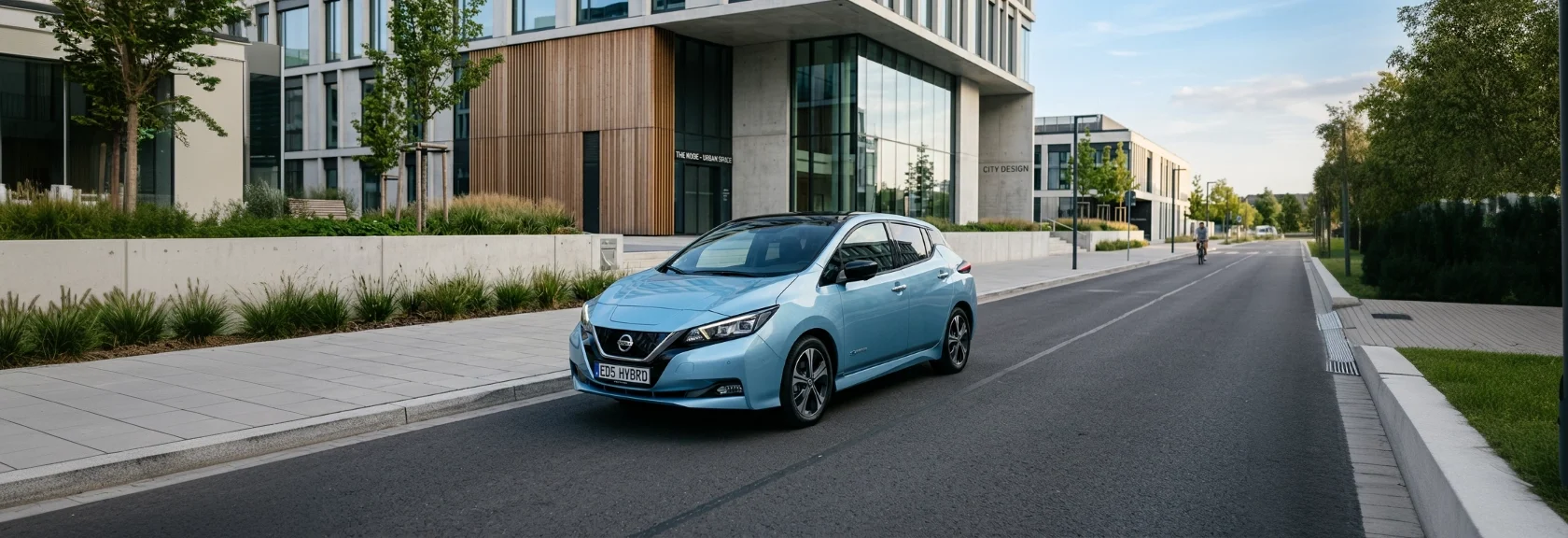 Electric Nissan Leaf Driving in Modern City
